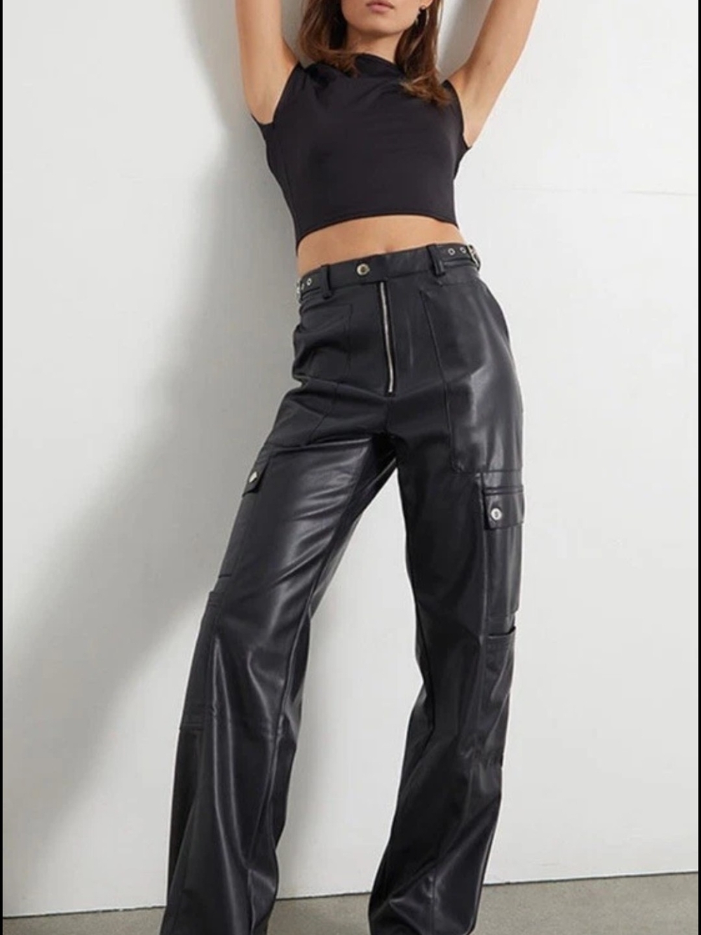 WeWoreWhat Black Faux Leather Cargo Pants Size 26 Moto Utility Buckle Y2K